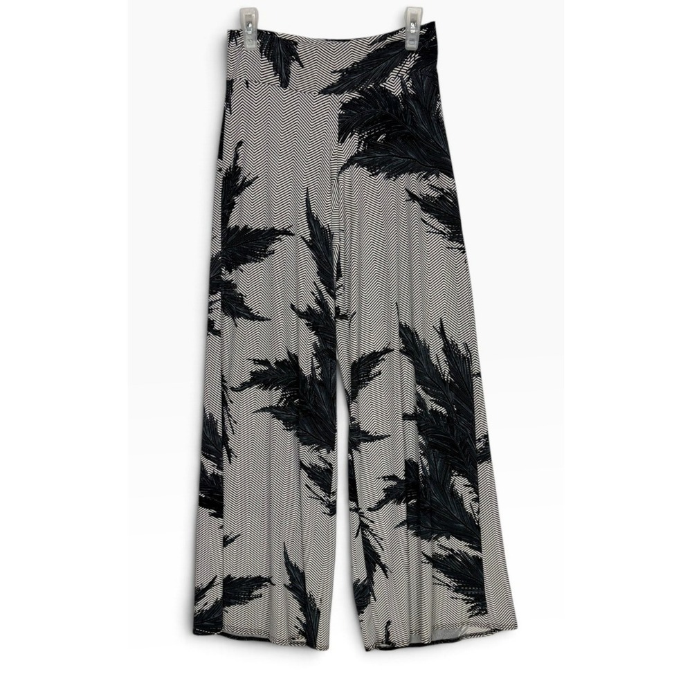 Clara Sunwoo Black White Wide Leg Palazzo Pants Botanical Print Pull On Stretchy